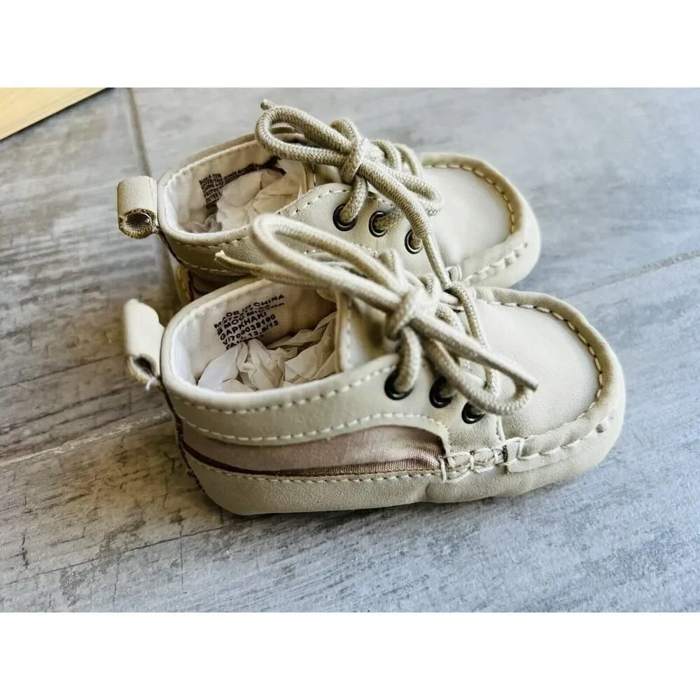 Baby Gap Mid Top Tan Khaki Moccasins Soft Sole Crib Shoes Sneakers Boys 6-12m 3